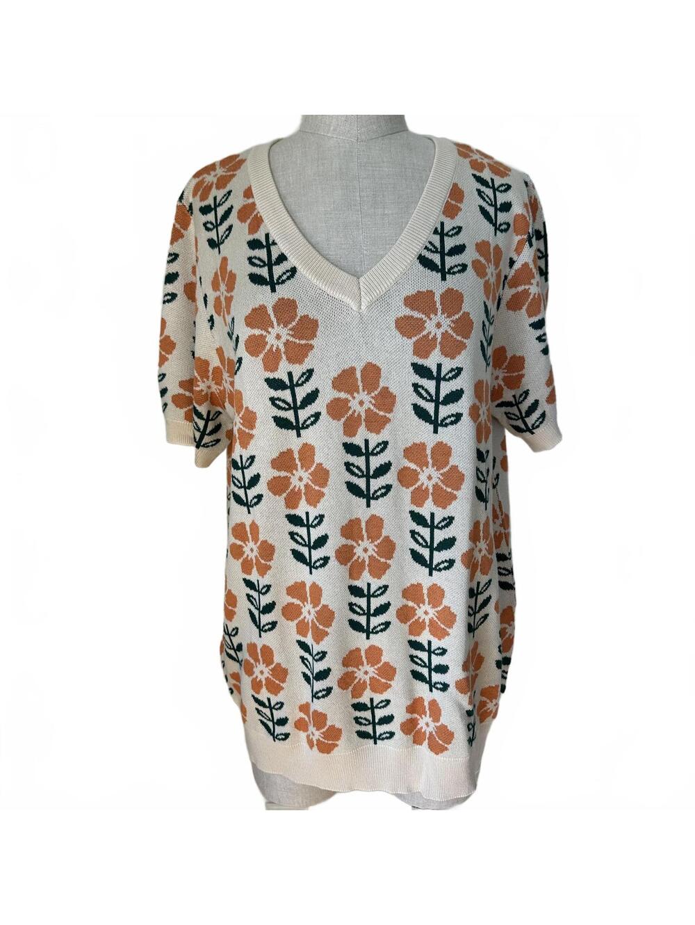 Floral V-Neck Oversized Sweater with Retro Vibes, Large